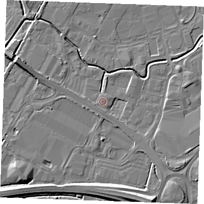 Shaded relief map of the ground around PE304NA, computed from Environment Agency LiDAR. The ground here sits at about 4 m above sea level and falls 11 m across the surrounding 800 m. Surface water reaching this point runs off ground lying to the south, 0.8 m higher.