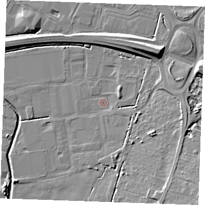 Shaded relief map of the ground around PE304NB, computed from Environment Agency LiDAR. The ground here sits at about 2 m above sea level and falls 12 m across the surrounding 800 m. Surface water reaching this point runs off ground lying to the east-south-east, 6.9 m higher.