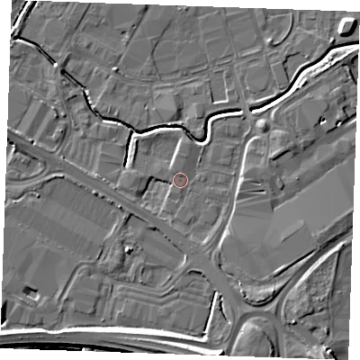 Shaded relief map of the ground around PE304ND, computed from Environment Agency LiDAR. The ground here sits at about 4 m above sea level and falls 10 m across the surrounding 800 m. Surface water reaching this point runs off ground lying to the south, 2.0 m higher.