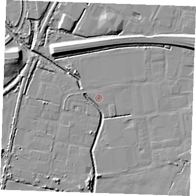 Shaded relief map of the ground around PE304NG, computed from Environment Agency LiDAR. The ground here sits at about 2 m above sea level and falls 11 m across the surrounding 800 m. Surface water reaching this point runs off ground lying to the north-north-west, 0.5 m higher.