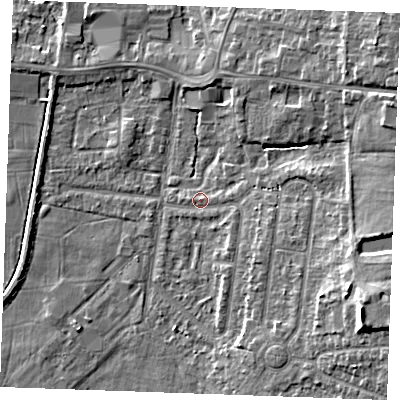 Shaded relief map of the ground around PE304NJ, computed from Environment Agency LiDAR. The ground here sits at about 4 m above sea level and falls 11 m across the surrounding 800 m. Surface water reaching this point runs off ground lying to the south-east, 2.4 m higher.