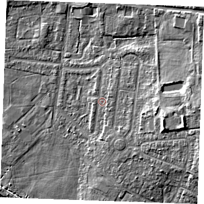 Shaded relief map of the ground around PE304NL, computed from Environment Agency LiDAR. The ground here sits at about 5 m above sea level and falls 12 m across the surrounding 800 m. Surface water reaching this point runs off ground lying to the east-north-east, 1.5 m higher.