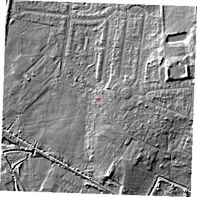 Shaded relief map of the ground around PE304NN, computed from Environment Agency LiDAR. The ground here sits at about 4 m above sea level and falls 12 m across the surrounding 800 m. Surface water reaching this point runs off ground lying to the east-north-east, 2.4 m higher.