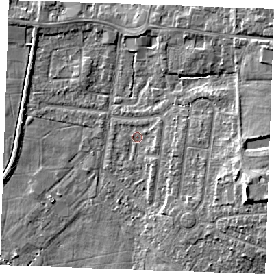 Shaded relief map of the ground around PE304NP, computed from Environment Agency LiDAR. The ground here sits at about 4 m above sea level and falls 11 m across the surrounding 800 m. Surface water reaching this point runs off ground lying to the east-north-east, 1.6 m higher.