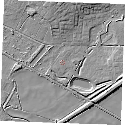 Shaded relief map of the ground around PE304NQ, computed from Environment Agency LiDAR. The ground here sits at about 3 m above sea level and falls 13 m across the surrounding 800 m. Surface water reaching this point runs off ground lying to the north, 13.4 m higher.