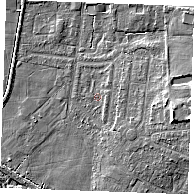 Shaded relief map of the ground around PE304NR, computed from Environment Agency LiDAR. The ground here sits at about 4 m above sea level and falls 12 m across the surrounding 800 m. Surface water reaching this point runs off ground lying to the east-north-east, 2.8 m higher.