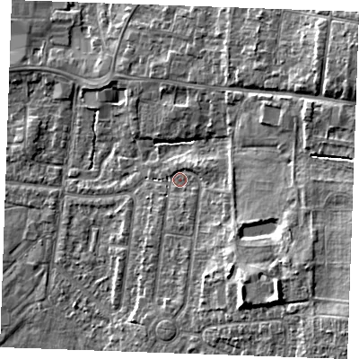 Shaded relief map of the ground around PE304NS, computed from Environment Agency LiDAR. The ground here sits at about 6 m above sea level and falls 12 m across the surrounding 800 m. Surface water reaching this point runs off ground lying to the south-east, 4.2 m higher.