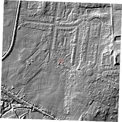Shaded relief map of the ground around PE304NW, computed from Environment Agency LiDAR. The ground here sits at about 3 m above sea level and falls 12 m across the surrounding 800 m. Surface water reaching this point runs off ground lying to the east, 9.5 m higher.