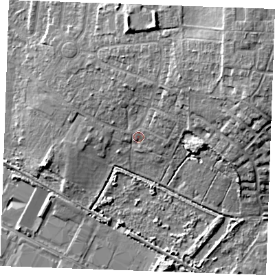 Shaded relief map of the ground around PE304PF, computed from Environment Agency LiDAR. The ground here sits at about 5 m above sea level and falls 14 m across the surrounding 800 m. Surface water reaching this point runs off ground lying to the north-east, 10.7 m higher.