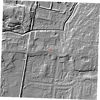 Shaded relief map of the ground around PE304PR, computed from Environment Agency LiDAR. The ground here sits at about 4 m above sea level and falls 7 m across the surrounding 800 m. Surface water reaching this point runs off ground lying to the east-south-east, 2.0 m higher.