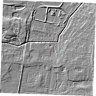 Shaded relief map of the ground around PE304PU, computed from Environment Agency LiDAR. The ground here sits at about 4 m above sea level and falls 8 m across the surrounding 800 m. Surface water reaching this point runs off ground lying to the east, 4.3 m higher.