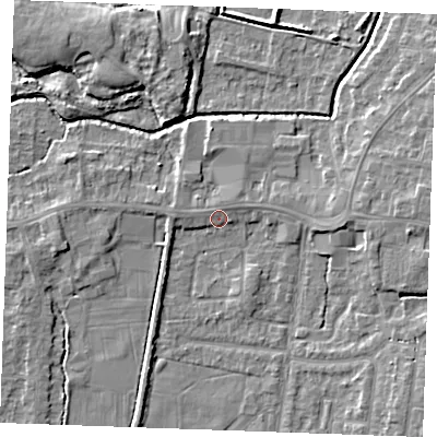 Shaded relief map of the ground around PE304PX, computed from Environment Agency LiDAR. The ground here sits at about 4 m above sea level and falls 6 m across the surrounding 800 m. Surface water reaching this point runs off ground lying to the north-north-east, 1.1 m higher.