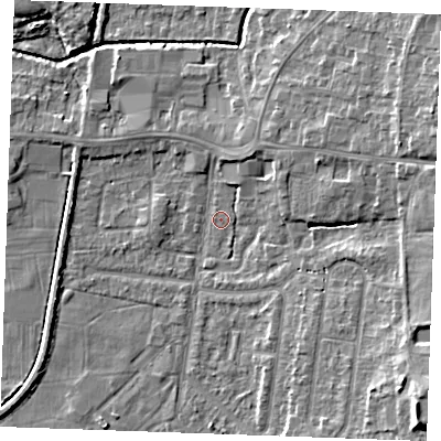 Shaded relief map of the ground around PE304PZ, computed from Environment Agency LiDAR. The ground here sits at about 3 m above sea level and falls 11 m across the surrounding 800 m. Surface water reaching this point runs off ground lying to the north-north-east, 2.5 m higher.