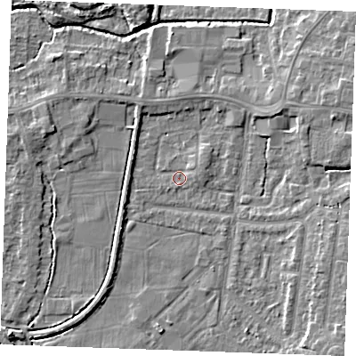 Shaded relief map of the ground around PE304QA, computed from Environment Agency LiDAR. The ground here sits at about 3 m above sea level and falls 5 m across the surrounding 800 m. Surface water reaching this point runs off ground lying to the north-east, 1.3 m higher.