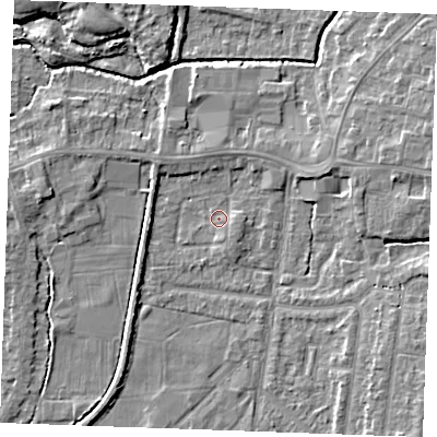Shaded relief map of the ground around PE304QB, computed from Environment Agency LiDAR. The ground here sits at about 3 m above sea level and falls 5 m across the surrounding 800 m. Surface water reaching this point runs off ground lying to the south-south-east, 1.2 m higher.