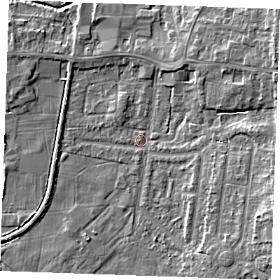 Shaded relief map of the ground around PE304QD, computed from Environment Agency LiDAR. The ground here sits at about 4 m above sea level and falls 7 m across the surrounding 800 m. Surface water reaching this point runs off ground lying to the east-north-east, 6.0 m higher.