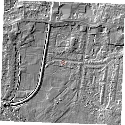 Shaded relief map of the ground around PE304QE, computed from Environment Agency LiDAR. The ground here sits at about 3 m above sea level and falls 5 m across the surrounding 800 m. Surface water reaching this point runs off ground lying to the east-north-east, 4.5 m higher.