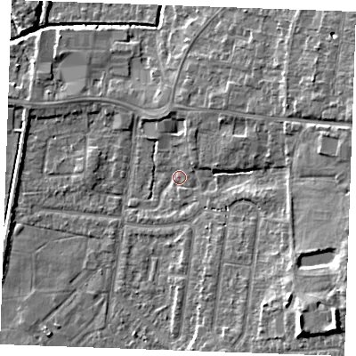 Shaded relief map of the ground around PE304QR, computed from Environment Agency LiDAR. The ground here sits at about 4 m above sea level and falls 11 m across the surrounding 800 m. Surface water reaching this point runs off ground lying to the south-east, 9.4 m higher.