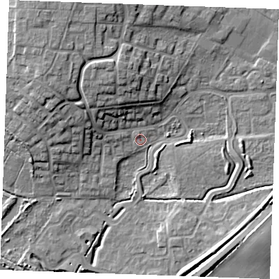 Shaded relief map of the ground around PE304SE, computed from Environment Agency LiDAR. The ground here sits at about 4 m above sea level and falls 15 m across the surrounding 800 m. Surface water reaching this point runs off ground lying to the north-west, 10.5 m higher.