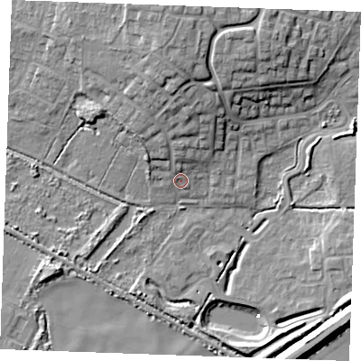 Shaded relief map of the ground around PE304SG, computed from Environment Agency LiDAR. The ground here sits at about 5 m above sea level and falls 15 m across the surrounding 800 m. Surface water reaching this point runs off ground lying to the north, 3.6 m higher.