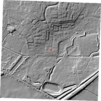 Shaded relief map of the ground around PE304SH, computed from Environment Agency LiDAR. The ground here sits at about 4 m above sea level and falls 15 m across the surrounding 800 m. Surface water reaching this point runs off ground lying to the north-north-west, 11.0 m higher.