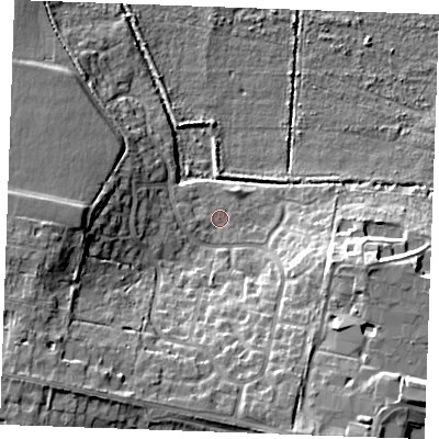 Shaded relief map of the ground around PE304TA, computed from Environment Agency LiDAR. The ground here sits at about 4 m above sea level and falls 15 m across the surrounding 800 m. Surface water reaching this point runs off ground lying to the south-west, 11.4 m higher.