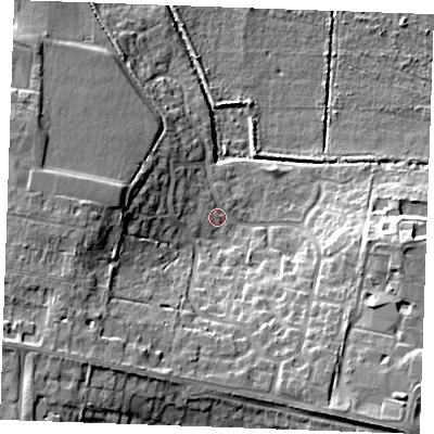 Shaded relief map of the ground around PE304TB, computed from Environment Agency LiDAR. The ground here sits at about 5 m above sea level and falls 15 m across the surrounding 800 m. Surface water reaching this point runs off ground lying to the south-west, 11.0 m higher.