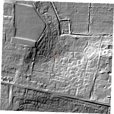 Shaded relief map of the ground around PE304TH, computed from Environment Agency LiDAR. The ground here sits at about 5 m above sea level and falls 15 m across the surrounding 800 m. Surface water reaching this point runs off ground lying to the south-west, 10.6 m higher.