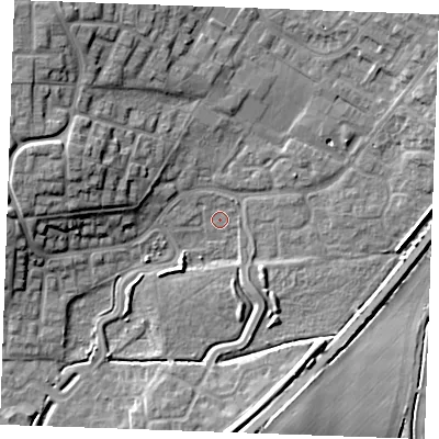 Shaded relief map of the ground around PE304TJ, computed from Environment Agency LiDAR. The ground here sits at about 3 m above sea level and falls 13 m across the surrounding 800 m. Surface water reaching this point runs off ground lying to the north-west, 11.7 m higher.