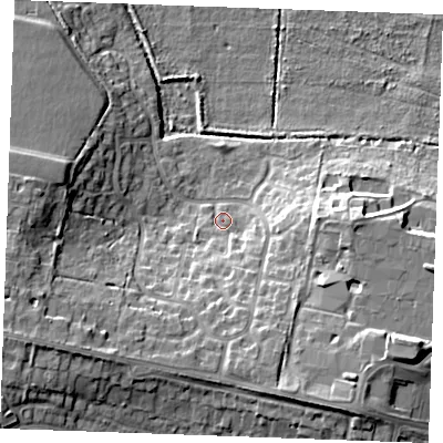 Shaded relief map of the ground around PE304TL, computed from Environment Agency LiDAR. The ground here sits at about 5 m above sea level and falls 15 m across the surrounding 800 m. Surface water reaching this point runs off ground lying to the south-south-east, 9.5 m higher.