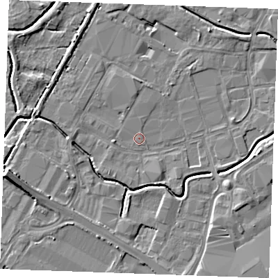 Shaded relief map of the ground around PE304TP, computed from Environment Agency LiDAR. The ground here sits at about 3 m above sea level and falls 8 m across the surrounding 800 m. Surface water reaching this point runs off ground lying to the south-south-east, 4.5 m higher.