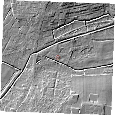 Shaded relief map of the ground around PE304TX, computed from Environment Agency LiDAR. The ground here sits at about 4 m above sea level and falls 11 m across the surrounding 800 m. Surface water reaching this point runs off ground lying to the east, 0.8 m higher.