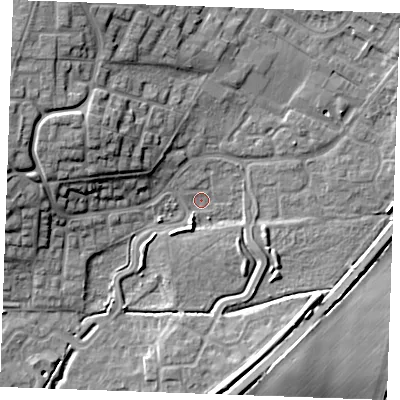 Shaded relief map of the ground around PE304TZ, computed from Environment Agency LiDAR. The ground here sits at about 3 m above sea level and falls 14 m across the surrounding 800 m. Surface water reaching this point runs off ground lying to the north-west, 11.8 m higher.