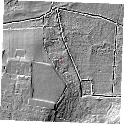Shaded relief map of the ground around PE304UX, computed from Environment Agency LiDAR. The ground here sits at about 4 m above sea level and falls 14 m across the surrounding 800 m. Surface water reaching this point runs off ground lying to the south-south-west, 10.5 m higher.