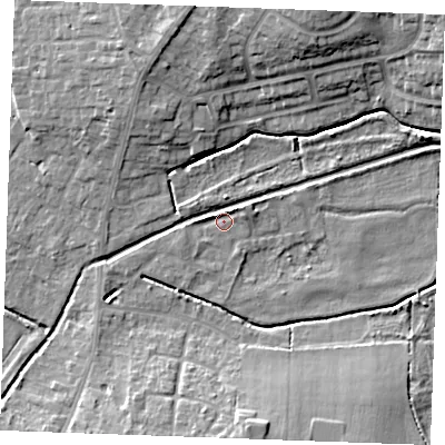 Shaded relief map of the ground around PE304WE, computed from Environment Agency LiDAR. The ground here sits at about 3 m above sea level and falls 10 m across the surrounding 800 m. Surface water reaching this point runs off ground lying to the north-west, 2.4 m higher.