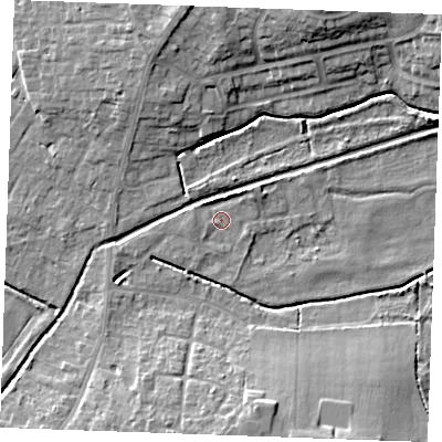 Shaded relief map of the ground around PE304WG, computed from Environment Agency LiDAR. The ground here sits at about 3 m above sea level and falls 10 m across the surrounding 800 m. Surface water reaching this point runs off ground lying to the south-south-west, 1.0 m higher.