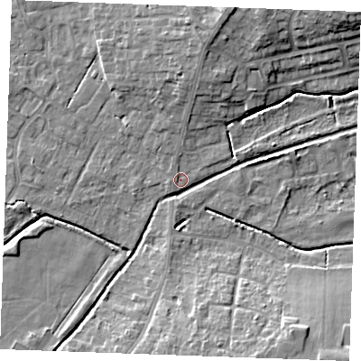 Shaded relief map of the ground around PE304WJ, computed from Environment Agency LiDAR. The ground here sits at about 3 m above sea level and falls 10 m across the surrounding 800 m. Surface water reaching this point runs off ground lying to the south, 2.1 m higher.