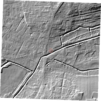 Shaded relief map of the ground around PE304WL, computed from Environment Agency LiDAR. The ground here sits at about 3 m above sea level and falls 10 m across the surrounding 800 m. Surface water reaching this point runs off ground lying to the south-south-west, 2.1 m higher.