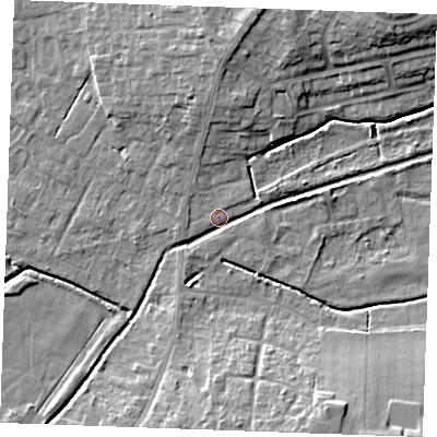 Shaded relief map of the ground around PE304WN, computed from Environment Agency LiDAR. The ground here sits at about 3 m above sea level and falls 10 m across the surrounding 800 m. Surface water reaching this point runs off ground lying to the south-west, 2.1 m higher.