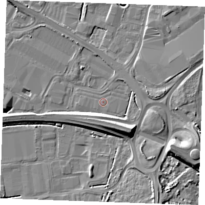 Shaded relief map of the ground around PE304WP, computed from Environment Agency LiDAR. The ground here sits at about 3 m above sea level and falls 12 m across the surrounding 800 m. Surface water reaching this point runs off ground lying to the east-north-east, 0.7 m higher.
