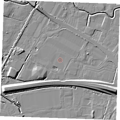 Shaded relief map of the ground around PE304WQ, computed from Environment Agency LiDAR. The ground here sits at about 3 m above sea level and falls 12 m across the surrounding 800 m. Surface water reaching this point runs off ground lying to the north, 1.4 m higher.