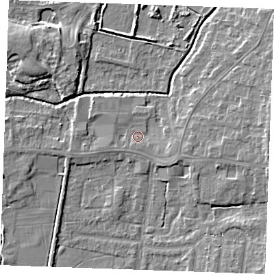 Shaded relief map of the ground around PE304WT, computed from Environment Agency LiDAR. The ground here sits at about 4 m above sea level and falls 7 m across the surrounding 800 m. Surface water reaching this point runs off ground lying to the east-south-east, 2.5 m higher.
