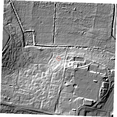 Shaded relief map of the ground around PE304XT, computed from Environment Agency LiDAR. The ground here sits at about 6 m above sea level and falls 16 m across the surrounding 800 m. Surface water reaching this point runs off ground lying to the south-south-east, 5.7 m higher.