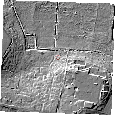 Shaded relief map of the ground around PE304XU, computed from Environment Agency LiDAR. The ground here sits at about 4 m above sea level and falls 16 m across the surrounding 800 m. Surface water reaching this point runs off ground lying to the south-south-east, 6.8 m higher.