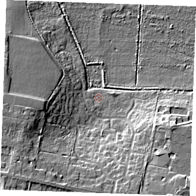 Shaded relief map of the ground around PE304XZ, computed from Environment Agency LiDAR. The ground here sits at about 4 m above sea level and falls 15 m across the surrounding 800 m. Surface water reaching this point runs off ground lying to the south-west, 11.5 m higher.