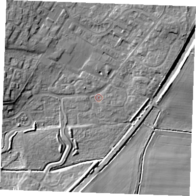 Shaded relief map of the ground around PE304YQ, computed from Environment Agency LiDAR. The ground here sits at about 4 m above sea level and falls 10 m across the surrounding 800 m. Surface water reaching this point runs off ground lying to the north-east, 8.4 m higher.