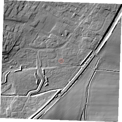 Shaded relief map of the ground around PE304YY, computed from Environment Agency LiDAR. The ground here sits at about 4 m above sea level and falls 10 m across the surrounding 800 m. Surface water reaching this point runs off ground lying to the north-east, 9.5 m higher.