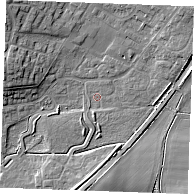 Shaded relief map of the ground around PE304YZ, computed from Environment Agency LiDAR. The ground here sits at about 3 m above sea level and falls 12 m across the surrounding 800 m. Surface water reaching this point runs off ground lying to the north-east, 9.2 m higher.