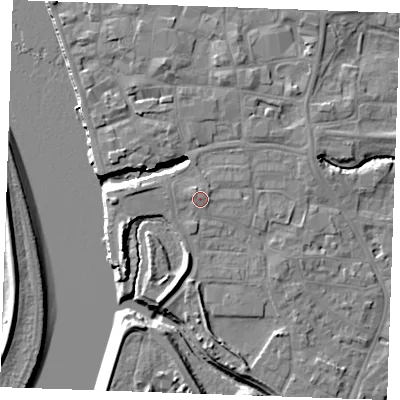 Shaded relief map of the ground around PE305AB, computed from Environment Agency LiDAR. The ground here sits at about 6 m above sea level and falls 10 m across the surrounding 800 m. Surface water reaching this point runs off ground lying to the north-west, 1.0 m higher.