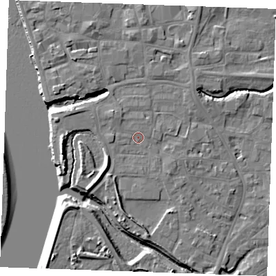 Shaded relief map of the ground around PE305AD, computed from Environment Agency LiDAR. The ground here sits at about 5 m above sea level and falls 10 m across the surrounding 800 m. Surface water reaching this point runs off ground lying to the north-north-east, 0.7 m higher.